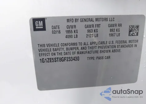 2016 Chevrolet Malibu 1Lt из США, поврежденный, VIN 1G1ZE5ST8GF233430